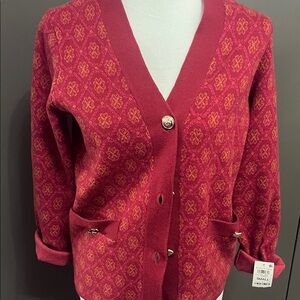 ON 34 th Elegant Red Patterned Cardigan by [Brand]